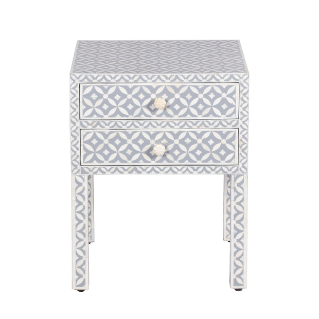 Bone Inlay Bedside Table 2 Drawers -  Grey Geometric