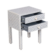 Bone Inlay Bedside Table 2 Drawers -  Grey Geometric