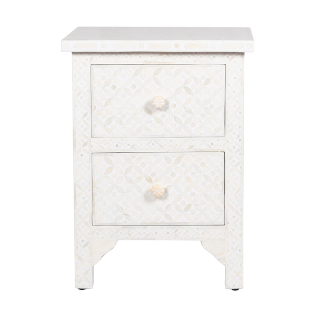 Bone Inlay Bedside Table with 2 Drawers -  White Geometric - Abacus and Hunt