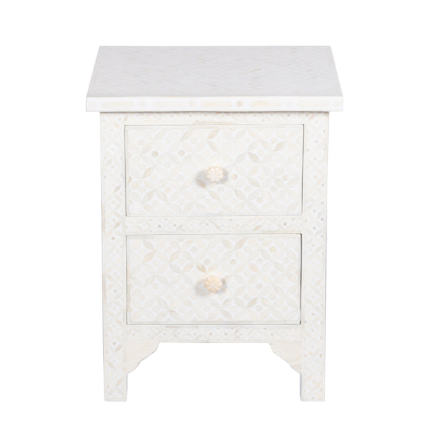 Bone Inlay Bedside Table with 2 Drawers -  White Geometric - Abacus and Hunt