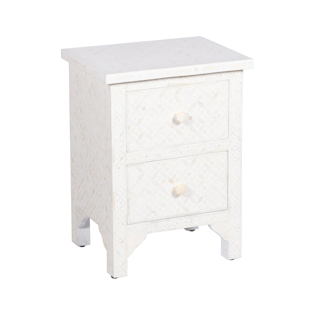 Bone Inlay Bedside Table with 2 Drawers -  White Geometric - Abacus and Hunt