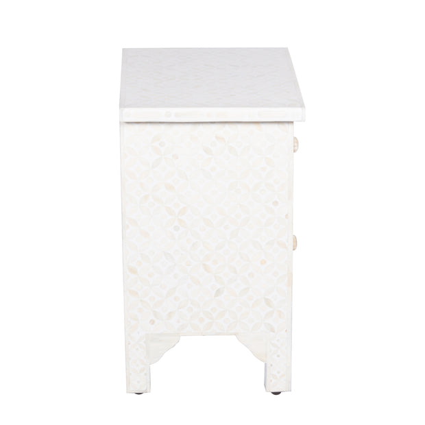 Bone Inlay Bedside Table with 2 Drawers -  White Geometric - Abacus and Hunt