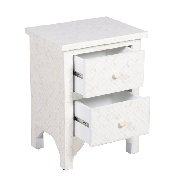 Bone Inlay Bedside Table with 2 Drawers -  White Geometric - Abacus and Hunt