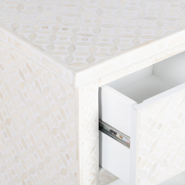 Bone Inlay Bedside Table with 2 Drawers -  White Geometric - Abacus and Hunt