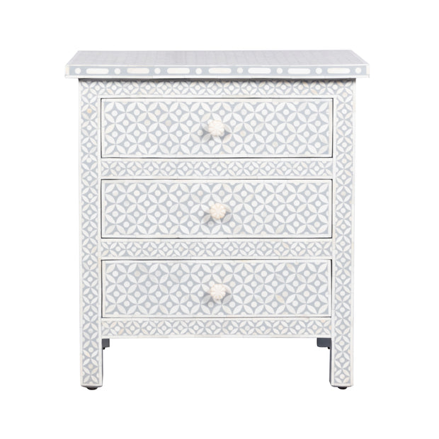 Bone Inlay Large 3 Drawer Bedside Table - Grey Geometric - Abacus and Hunt
