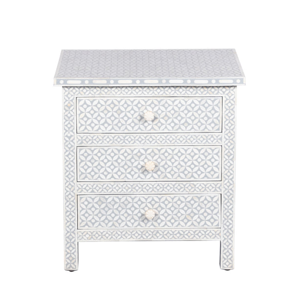 Bone Inlay Large 3 Drawer Bedside Table - Grey Geometric - Abacus and Hunt