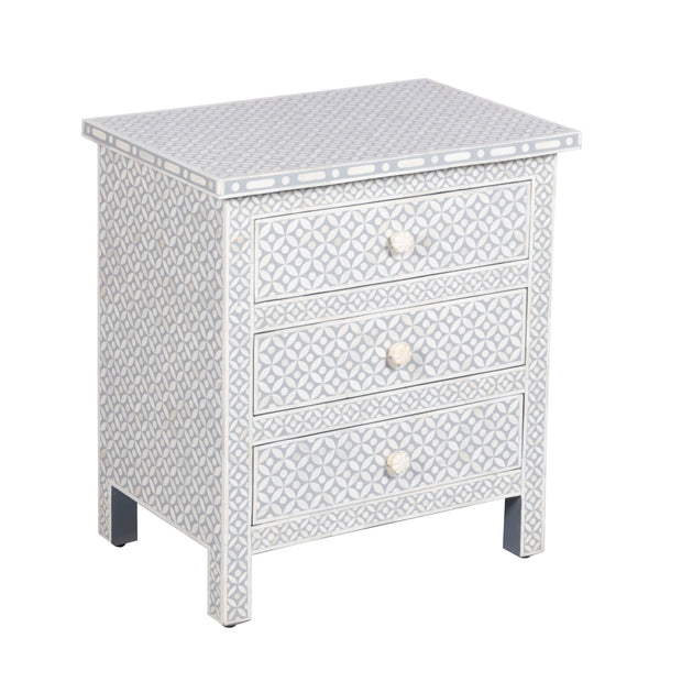Bone Inlay Large 3 Drawer Bedside Table - Grey Geometric - Abacus and Hunt