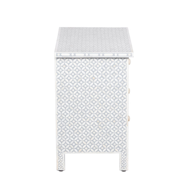 Bone Inlay Large 3 Drawer Bedside Table - Grey Geometric - Abacus and Hunt