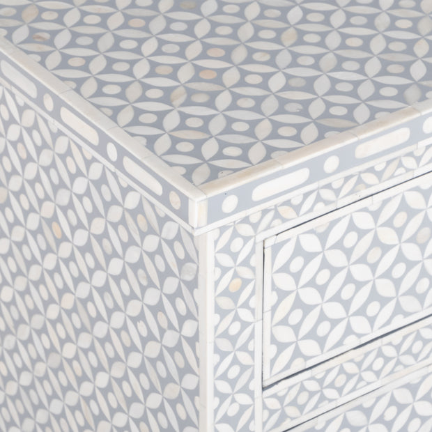 Bone Inlay Large 3 Drawer Bedside Table - Grey Geometric - Abacus and Hunt