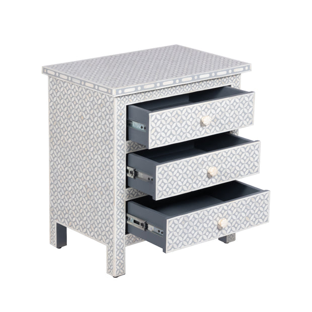 Bone Inlay Large 3 Drawer Bedside Table - Grey Geometric - Abacus and Hunt