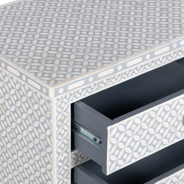 Bone Inlay Large 3 Drawer Bedside Table - Grey Geometric - Abacus and Hunt