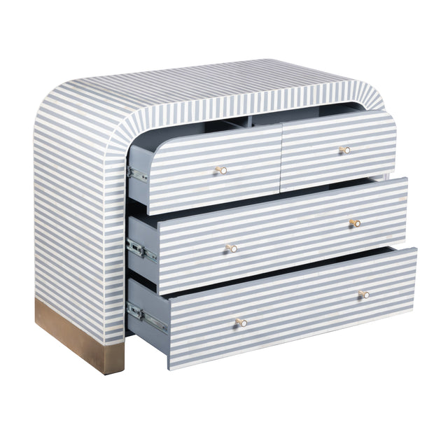 Bone Inlay 4 Drawer Chest of Drawers - Waterfall / Curved - Grey Stripe