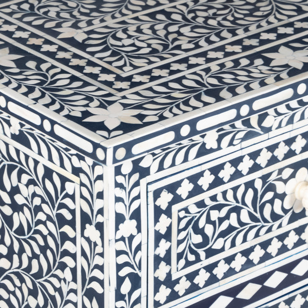 Bone Inlay 4 Drawer Chest of Drawers - Navy Blue Floral