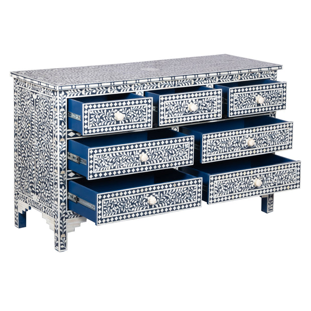 Bone Inlay 7 Drawer Chest of Drawers - Navy Blue, Floral