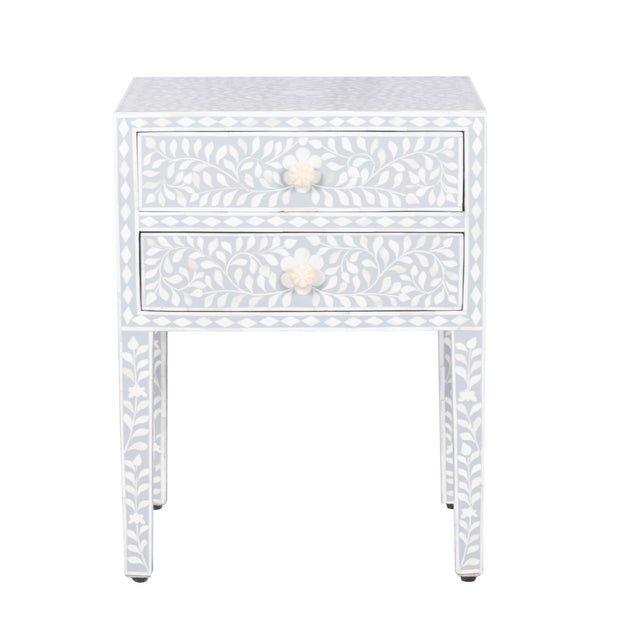 Bone Inlay Bedside, with 2 Drawers - Grey Floral - Abacus and Hunt