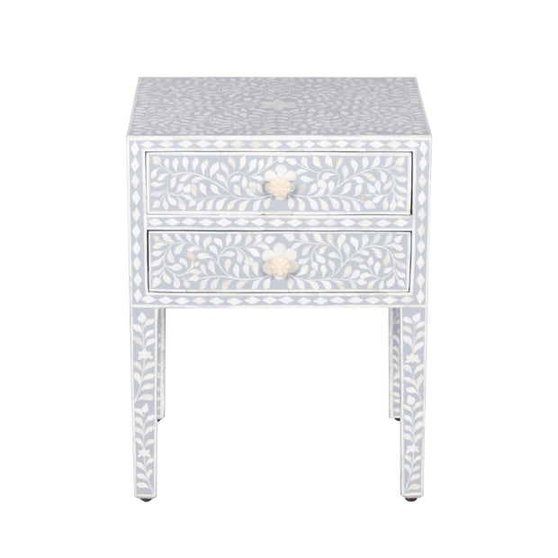 Bone Inlay Bedside, with 2 Drawers - Grey Floral - Abacus and Hunt