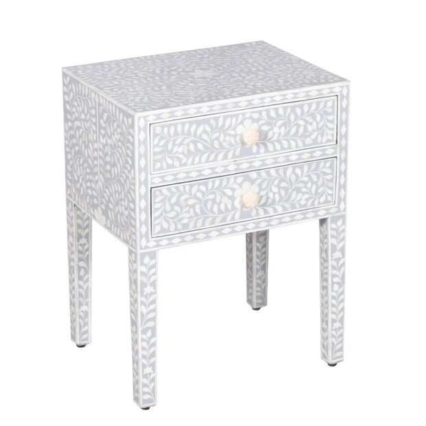 Bone Inlay Bedside, with 2 Drawers - Grey Floral - Abacus and Hunt