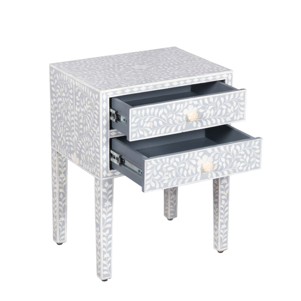 Bone Inlay Bedside, with 2 Drawers - Grey Floral - Abacus and Hunt