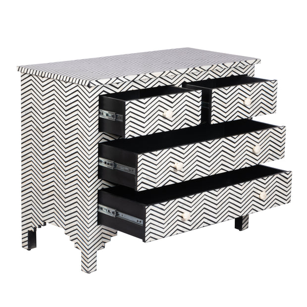 Bone Inlay 4 Drawer Chest of Drawers - Black Thin Zig Zag