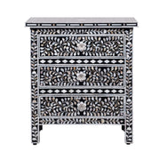 Mother of Pearl Inlay, 3 Drawer Bedside Table, Floral Black (Large)