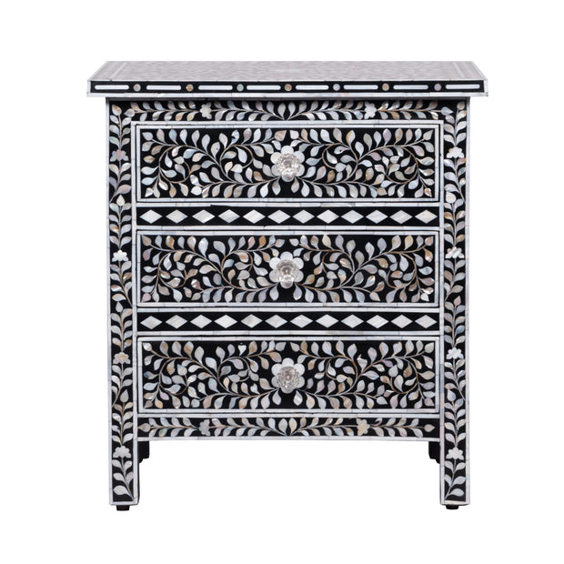 Mother of Pearl Inlay, 3 Drawer Bedside Table, Floral Black (Large)