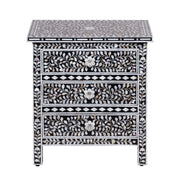 Mother of Pearl Inlay, 3 Drawer Bedside Table, Floral Black (Large)