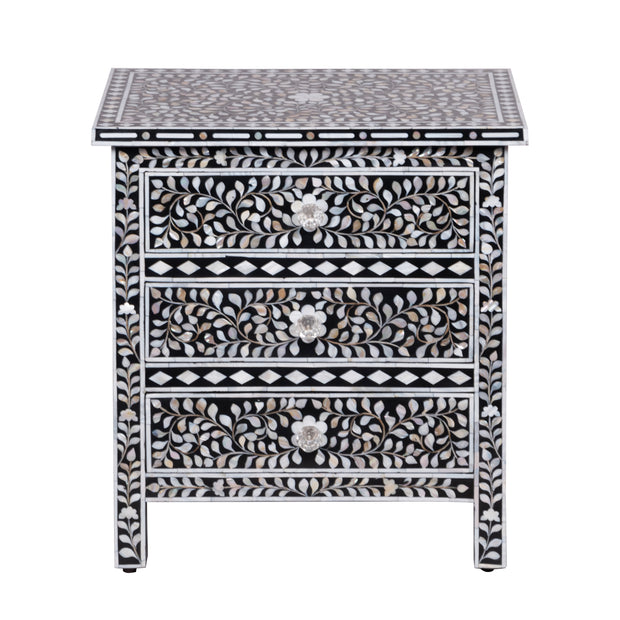 Mother of Pearl Inlay, 3 Drawer Bedside Table, Floral Black (Large)