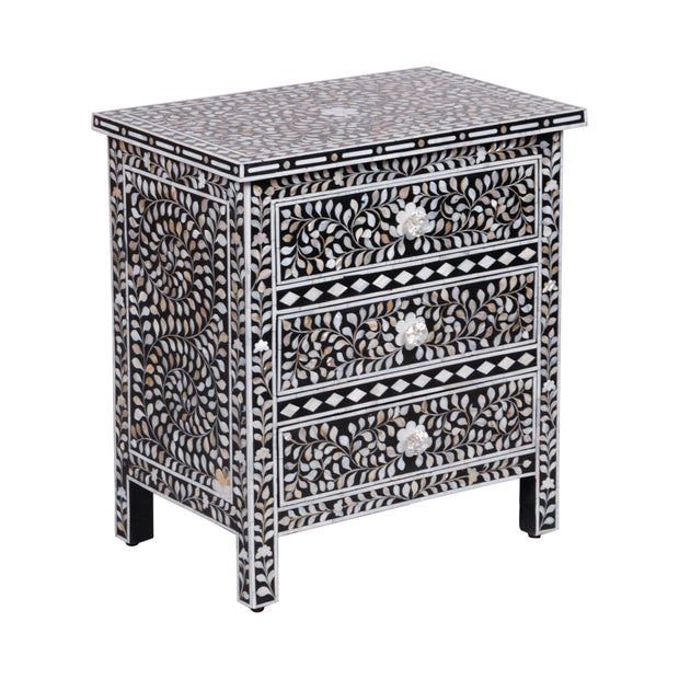 Mother of Pearl Inlay, 3 Drawer Bedside Table, Floral Black (Large)