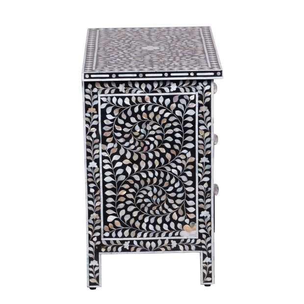 Mother of Pearl Inlay, 3 Drawer Bedside Table, Floral Black (Large)