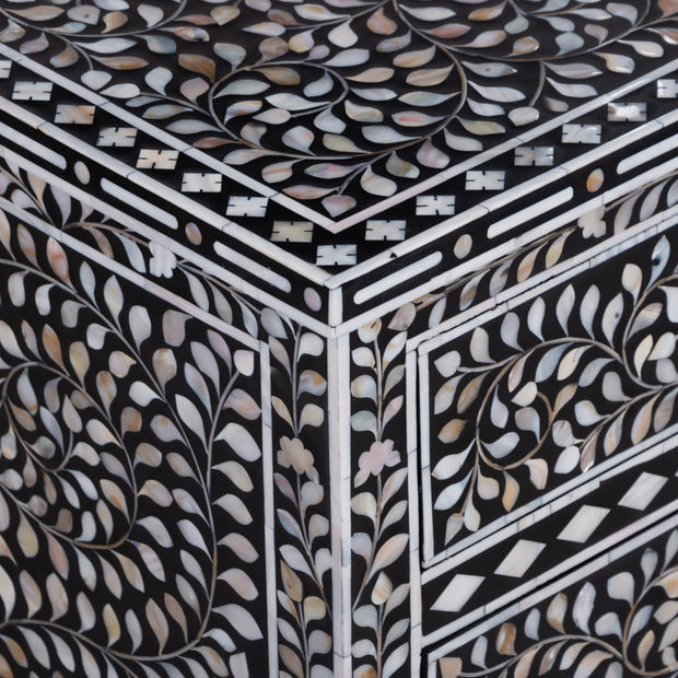 Mother of Pearl Inlay, 3 Drawer Bedside Table, Floral Black (Large)