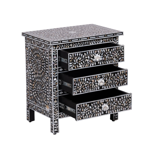 Mother of Pearl Inlay, 3 Drawer Bedside Table, Floral Black (Large)