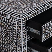 Mother of Pearl Inlay, 3 Drawer Bedside Table, Floral Black (Large)