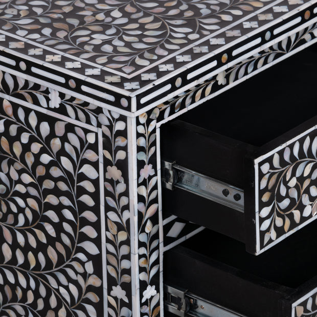 Mother of Pearl Inlay, 3 Drawer Bedside Table, Floral Black (Large)