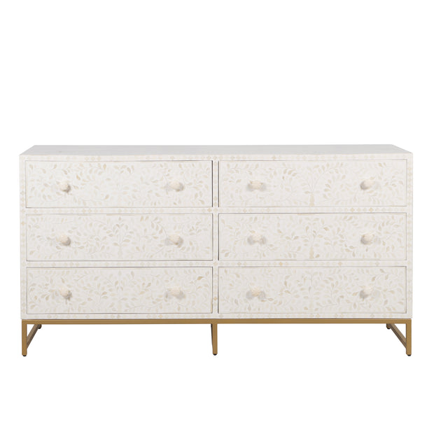 Bone Inlay Buffet 6 Drawer Chest of Drawers - White Floral, Gold Frame