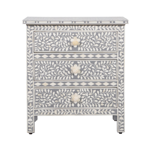 Bone Inlay Large 3 Drawer Bedside - Light Grey Floral