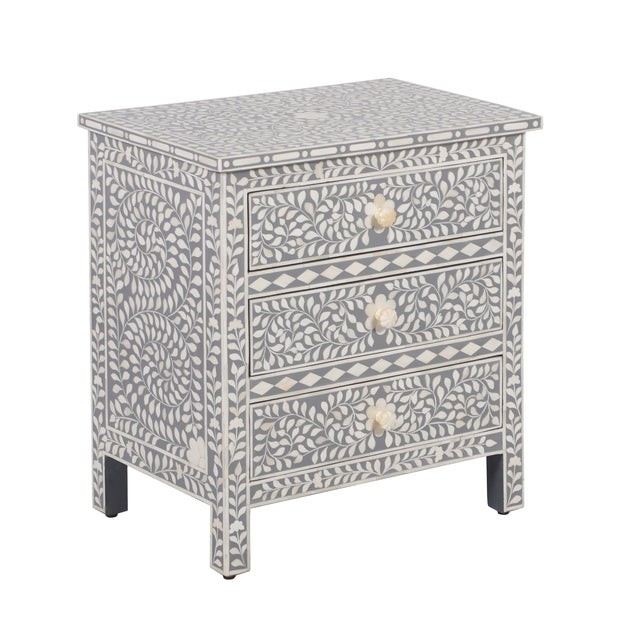 Bone Inlay Large 3 Drawer Bedside - Light Grey Floral