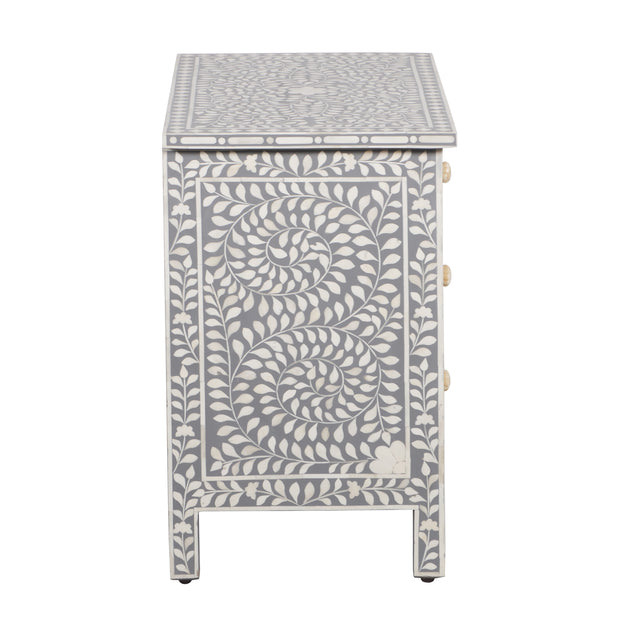 Bone Inlay Large 3 Drawer Bedside - Light Grey Floral