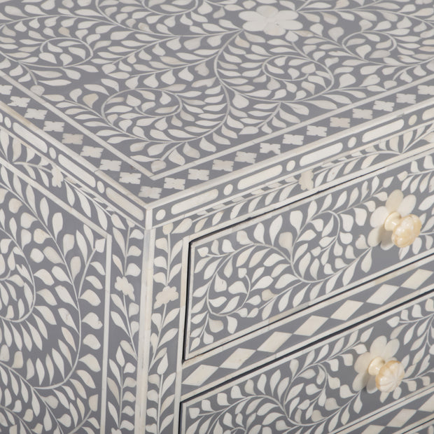 Bone Inlay Large 3 Drawer Bedside - Light Grey Floral