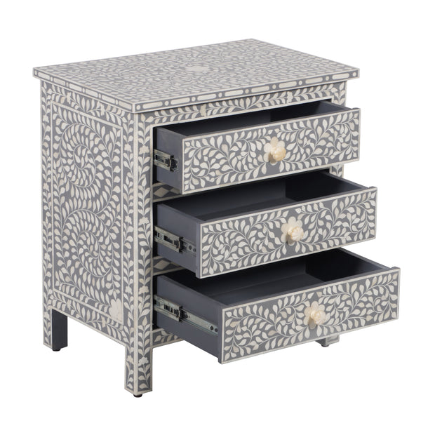Bone Inlay Large 3 Drawer Bedside - Light Grey Floral