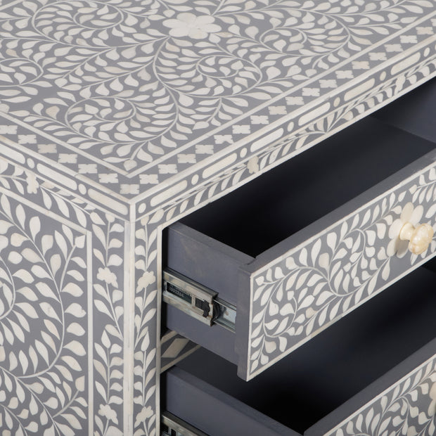 Bone Inlay Large 3 Drawer Bedside - Light Grey Floral