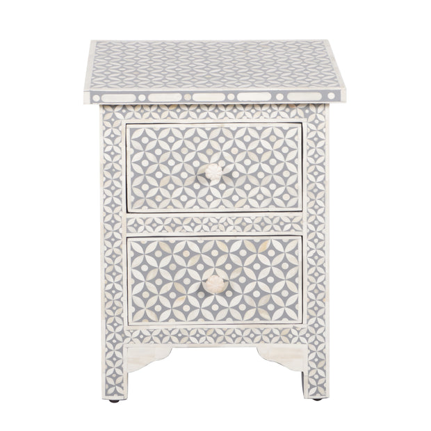 Bone Inlay Bedside, 2 Drawer Geometric Grey