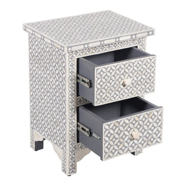 Bone Inlay Bedside, 2 Drawer Geometric Grey