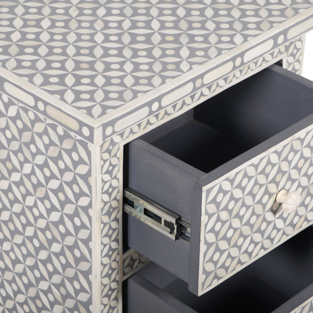 Bone Inlay Bedside, 2 Drawer Geometric Grey