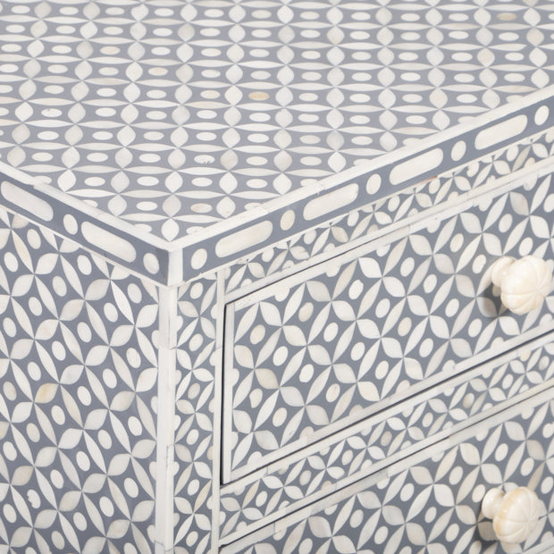 Bone Inlay Large 3 Drawer Bedside Table - Dark Grey Geometric