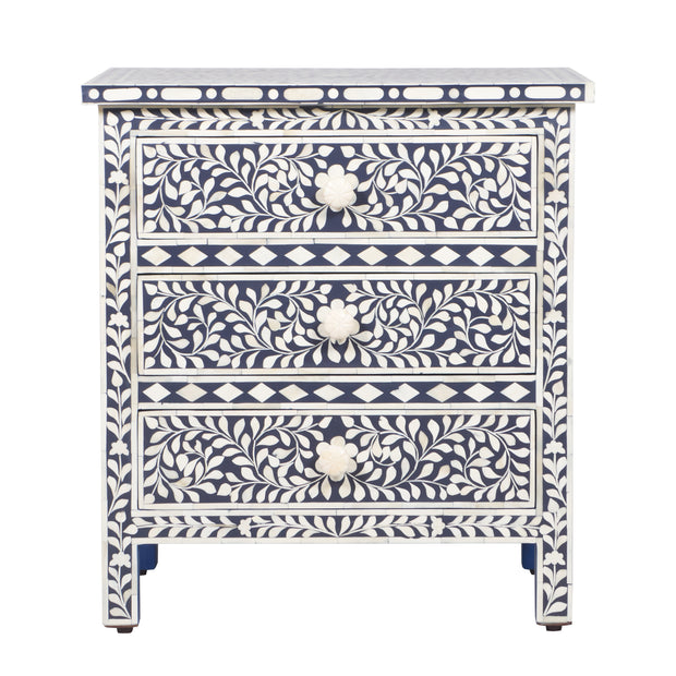 Bone Inlay Large 3 Drawer Bedside Table - Navy Blue Floral - Abacus and Hunt