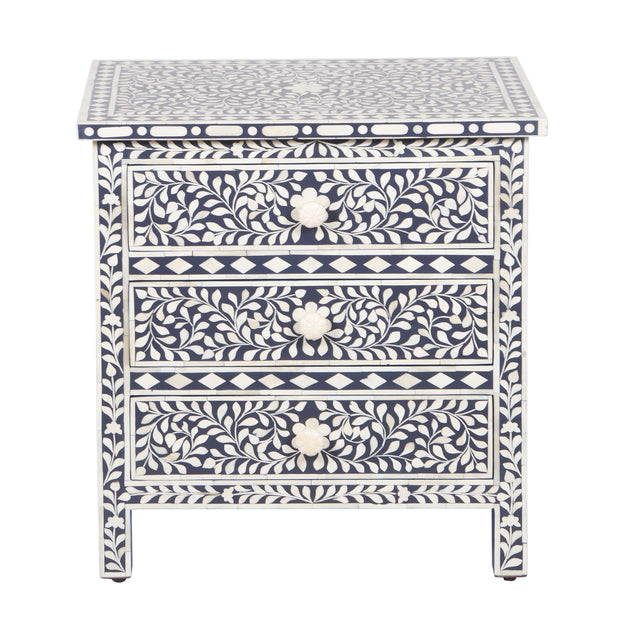 Bone Inlay Large 3 Drawer Bedside Table - Navy Blue Floral - Abacus and Hunt