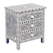 Bone Inlay Large 3 Drawer Bedside Table - Navy Blue Floral - Abacus and Hunt
