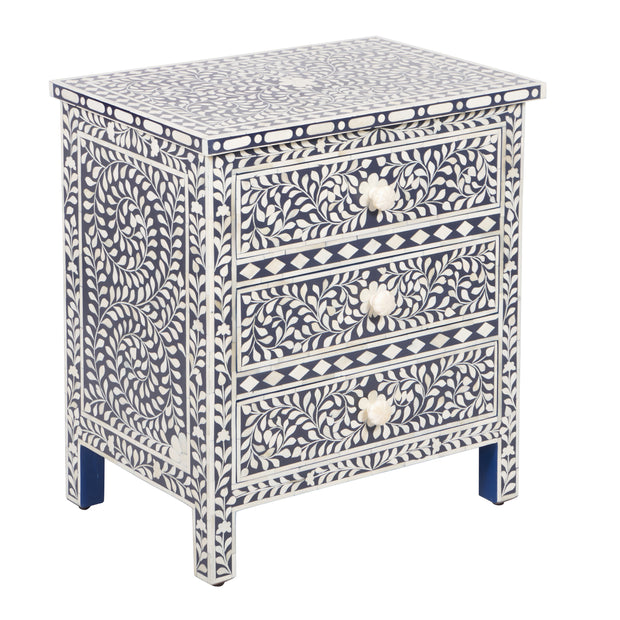Bone Inlay Large 3 Drawer Bedside Table - Navy Blue Floral - Abacus and Hunt