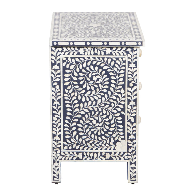 Bone Inlay Large 3 Drawer Bedside Table - Navy Blue Floral - Abacus and Hunt