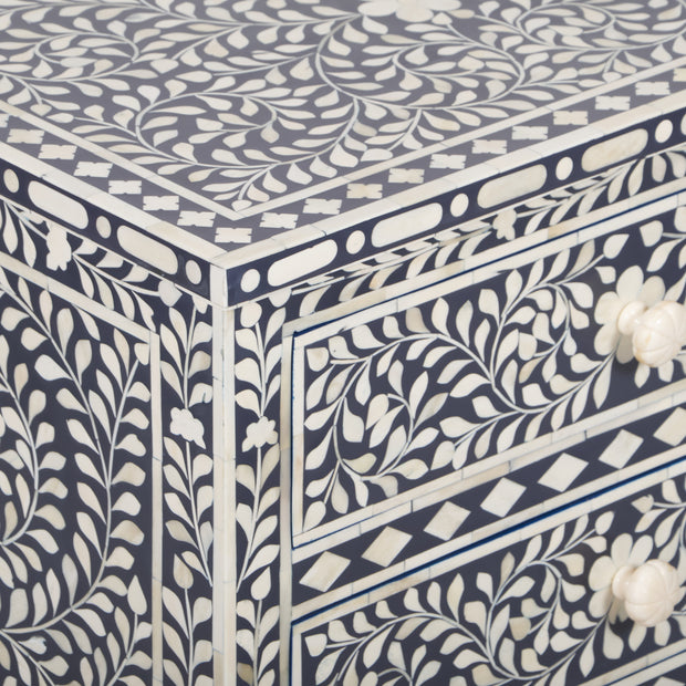 Bone Inlay Large 3 Drawer Bedside Table - Navy Blue Floral - Abacus and Hunt